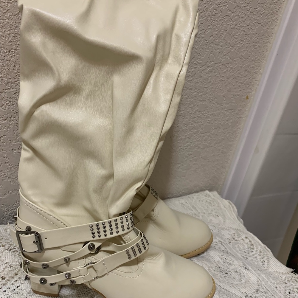Cream Strap Tall Boots with Rhinestones